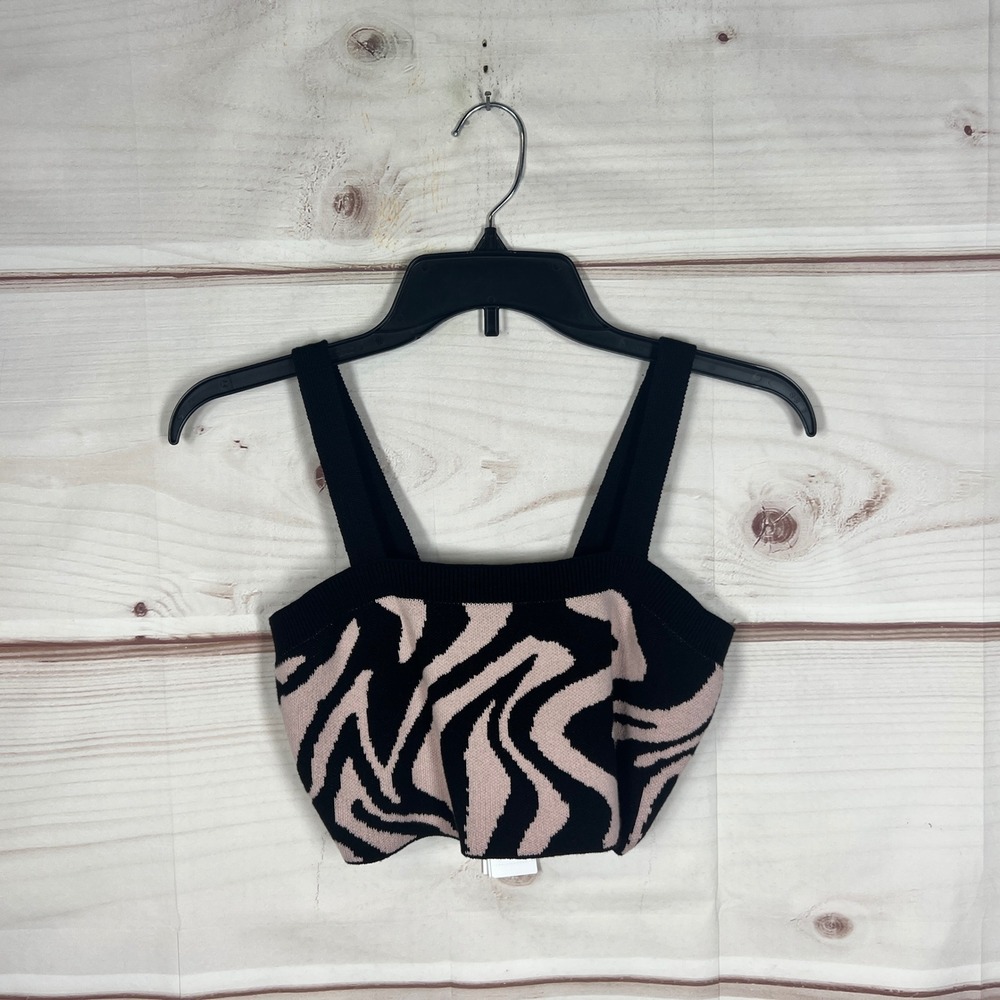 525 Zebra Knit Crop Top Women Size S‎ Black Pink Animal Print Cotton Sleeveless